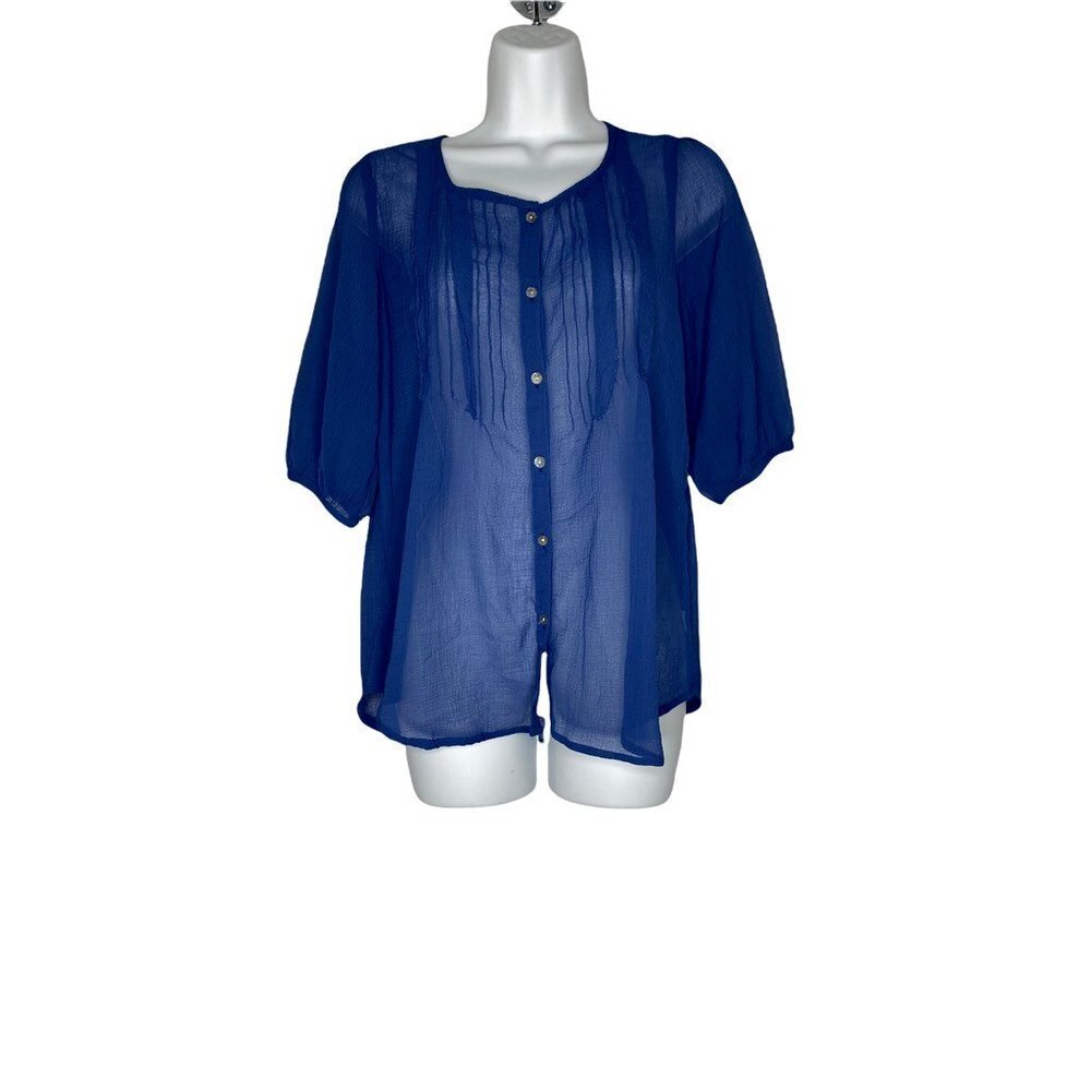 Raga Womens Button Front Shirt Blue Short Sleeve Crew Neck Sheer Pintuck S New‎